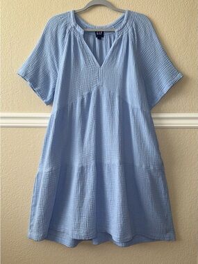 GAP 100% Cotton Gauze Tiered Dress Light Blue Large